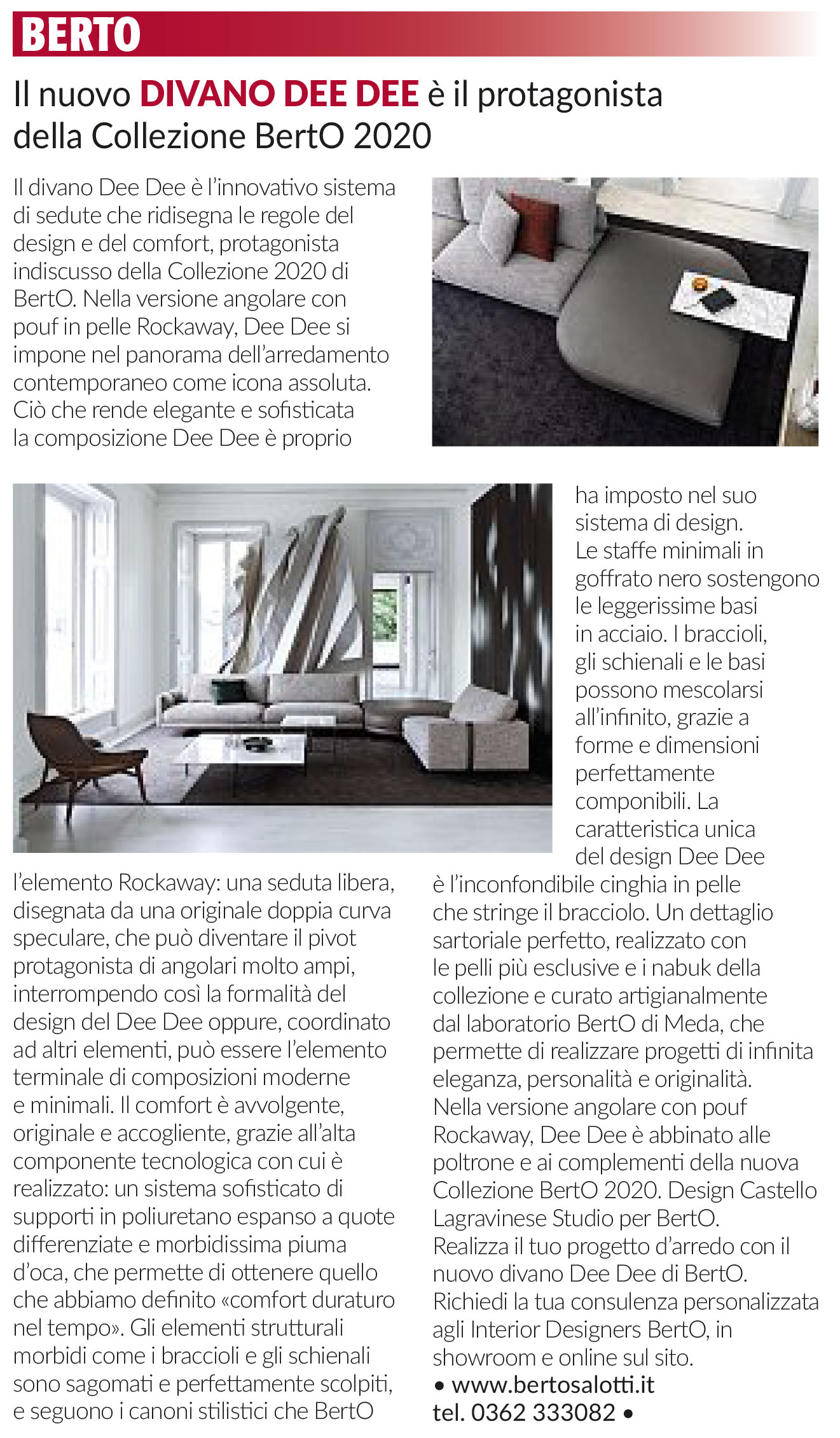“Intervista Il nuovo divano Dee Dee è il protagonista della Collezione BertO 2020 sul Corriere della Sera